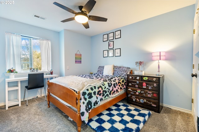 bedroom with a ceiling fan, carpet, visible vents, and baseboards