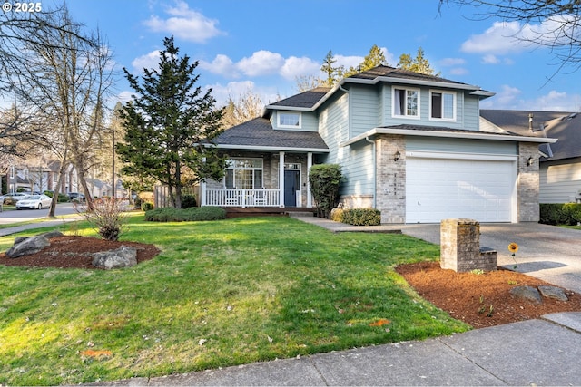 traditional-style home with a garage, brick siding, aphalt driveway, a porch, and a front yard