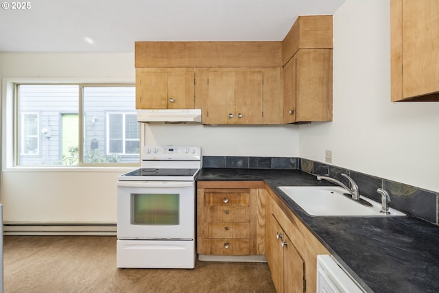 kitchen featuring dark countertops, a baseboard heating unit, under cabinet range hood, white appliances, and a sink