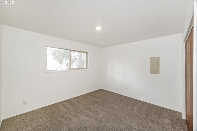 spare room featuring dark colored carpet and electric panel