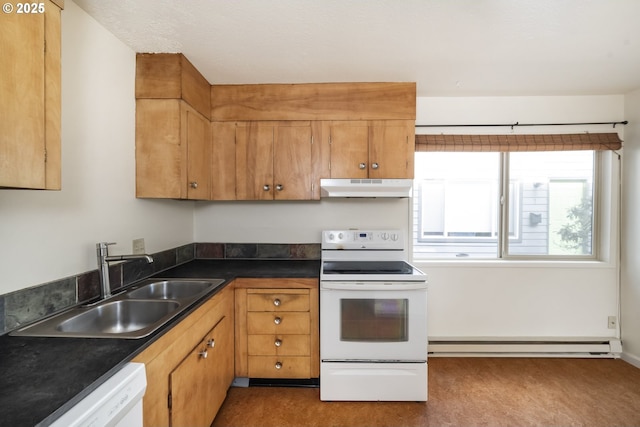 kitchen with dark countertops, a baseboard heating unit, under cabinet range hood, white appliances, and a sink