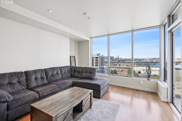 living room with baseboards, a healthy amount of sunlight, a city view, and light wood-type flooring
