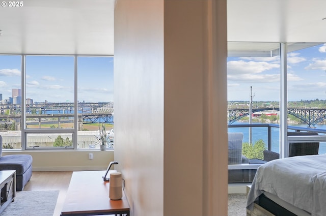 bedroom with a view of city, wood finished floors, and multiple windows
