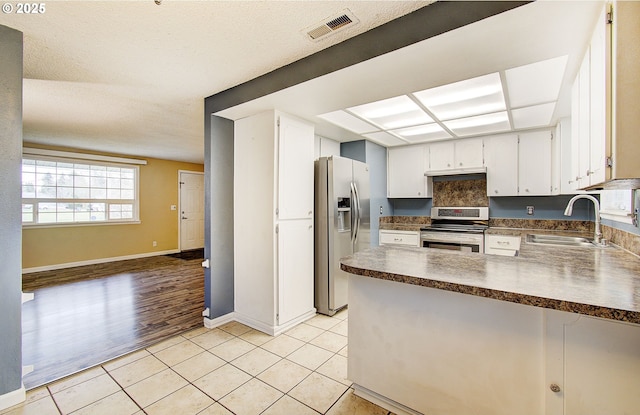 kitchen featuring kitchen peninsula, stainless steel appliances, white cabinetry, and sink