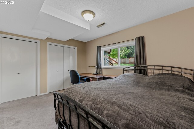 bedroom featuring carpet and two closets