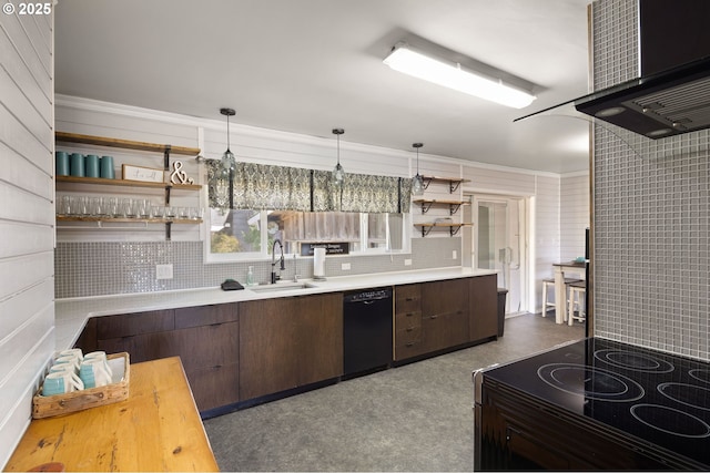 kitchen with open shelves, dark brown cabinetry, a sink, wall chimney exhaust hood, and black appliances