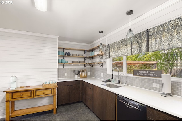 bar featuring crown molding, black dishwasher, a sink, backsplash, and hanging light fixtures