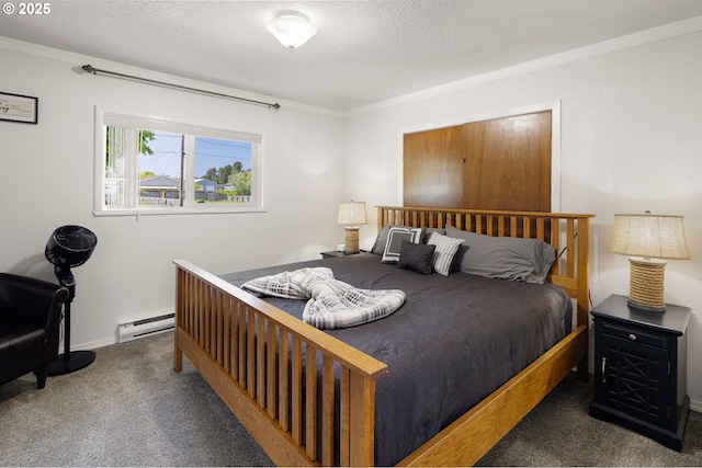 carpeted bedroom featuring crown molding, baseboards, a baseboard heating unit, and a textured ceiling
