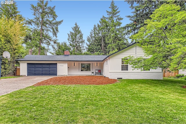 11940 SW Edgewood St, Portland, OR 97225 - ranch-style home with a garage, concrete driveway, a front yard, and a chimney