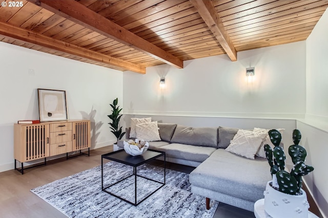 11940 SW Edgewood St, Portland, OR 97225 - living room featuring wooden ceiling with exposed beams, wood finished floors, and baseboards