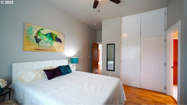 bedroom with ceiling fan, a closet, and light hardwood / wood-style flooring