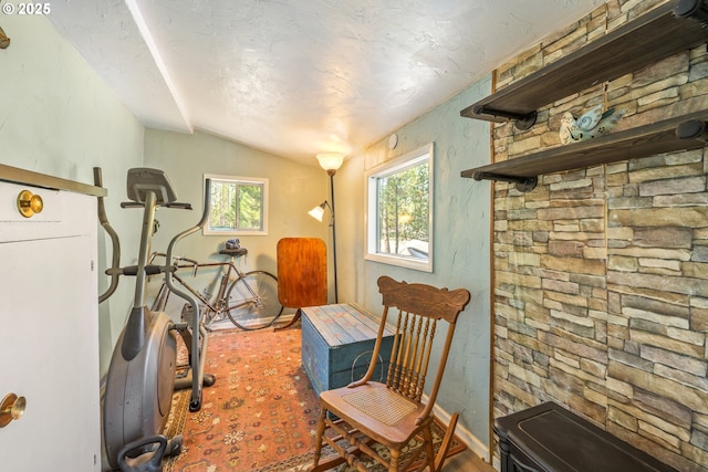 1274 Wild Mustang Ln, Gilchrist, OR 97737 - workout area with vaulted ceiling and plenty of natural light