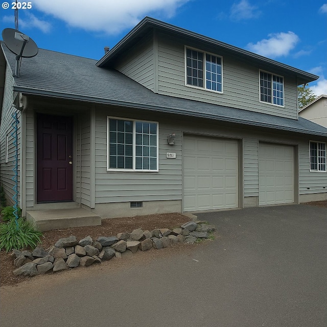 2732 SE 87th Ave, Portland, OR 97266 - view of front facade with an attached garage, asphalt driveway, crawl space, and a shingled roof