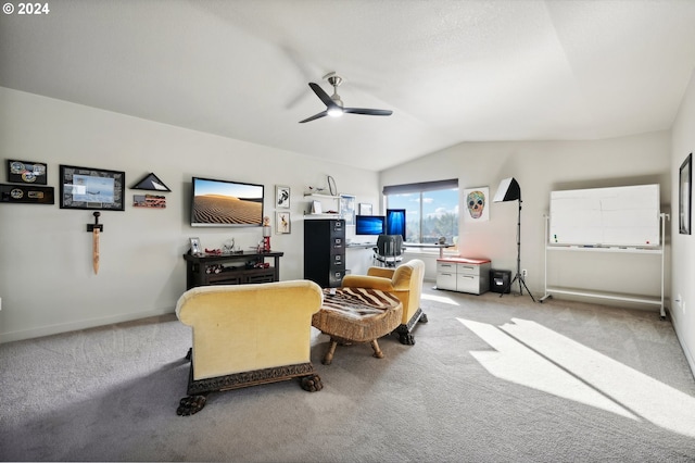 living room with lofted ceiling, light carpet, and ceiling fan