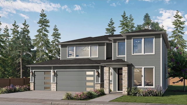 view of front of property with a garage, stone siding, driveway, and fence