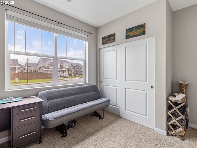 living area with light colored carpet