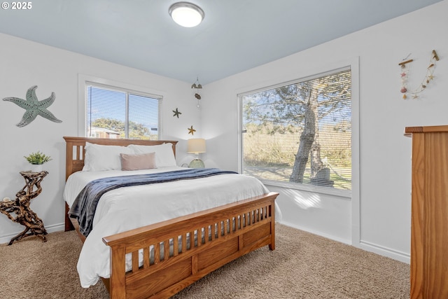 bedroom featuring carpet flooring, multiple windows, and baseboards