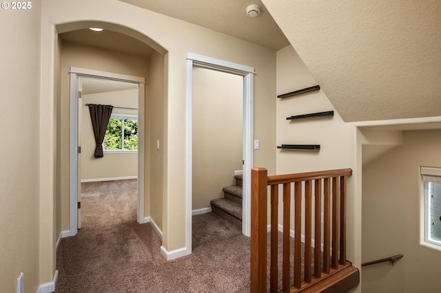 20937 SW Edgemont St, Beaverton, OR 97003 - staircase featuring carpet flooring, baseboards, and arched walkways