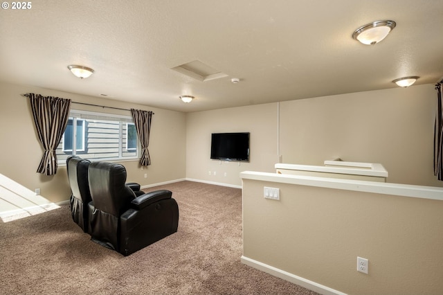 20937 SW Edgemont St, Beaverton, OR 97003 - carpeted living room featuring attic access, baseboards, and a textured ceiling