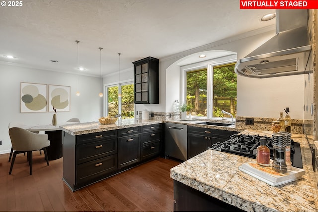 1610 Lee St, Lake Oswego, OR 97034 - kitchen featuring stainless steel dishwasher, exhaust hood, a peninsula, dark cabinetry, and ornamental molding