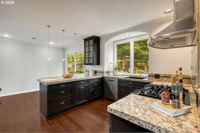 1610 Lee St, Lake Oswego, OR 97034 - kitchen featuring dishwasher, island range hood, a peninsula, dark cabinets, and ornamental molding