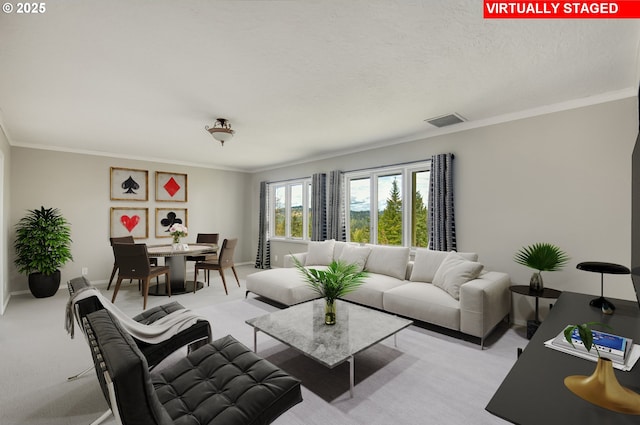 1610 Lee St, Lake Oswego, OR 97034 - living area featuring crown molding, light colored carpet, and baseboards