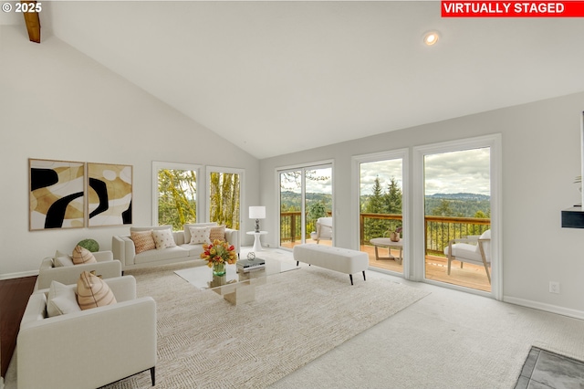1610 Lee St, Lake Oswego, OR 97034 - living room featuring high vaulted ceiling, baseboards, beam ceiling, and recessed lighting