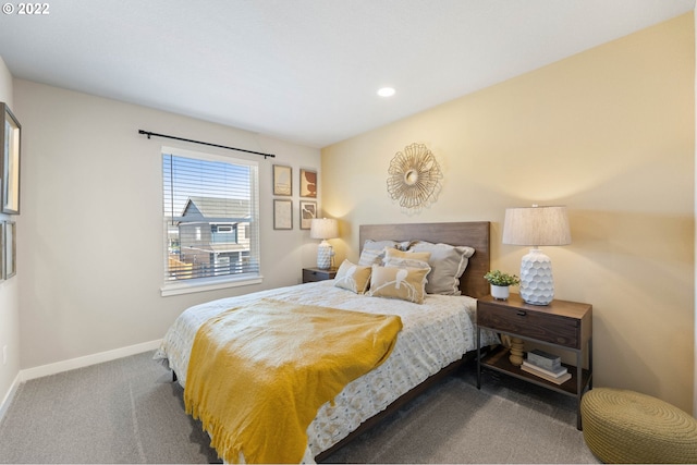 bedroom with recessed lighting, baseboards, and carpet