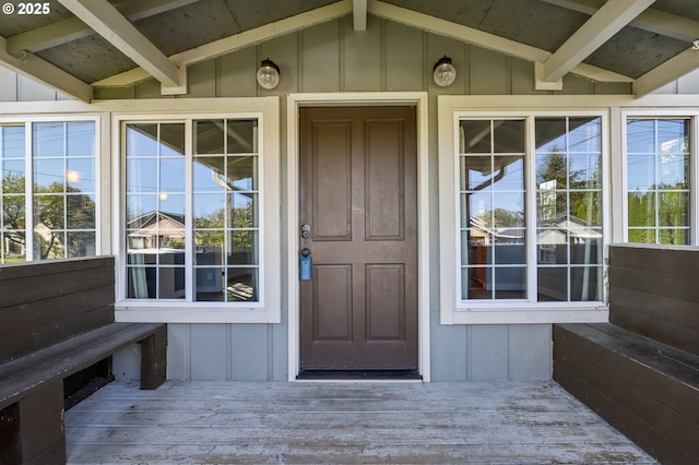 707 S 6th Ave, Kelso, WA 98626 - view of exterior entry featuring board and batten siding and a wooden deck