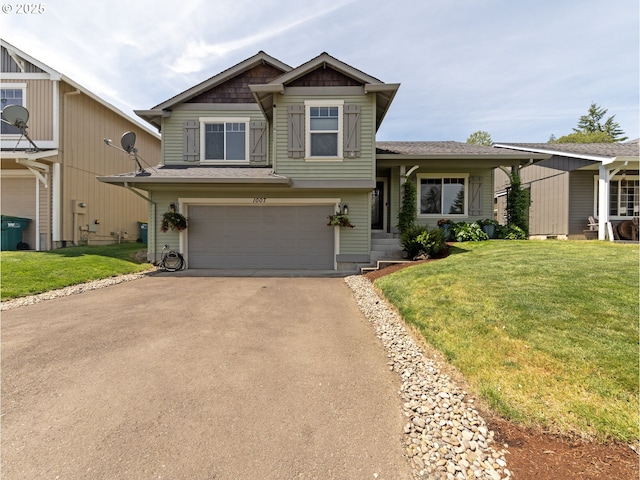1007 4th Ave, Vernonia, OR 97064 - view of front of property with a garage, asphalt driveway, a front yard, and roof with shingles