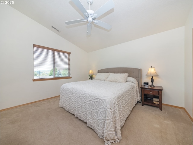 1007 4th Ave, Vernonia, OR 97064 - bedroom featuring light colored carpet, vaulted ceiling, and ceiling fan