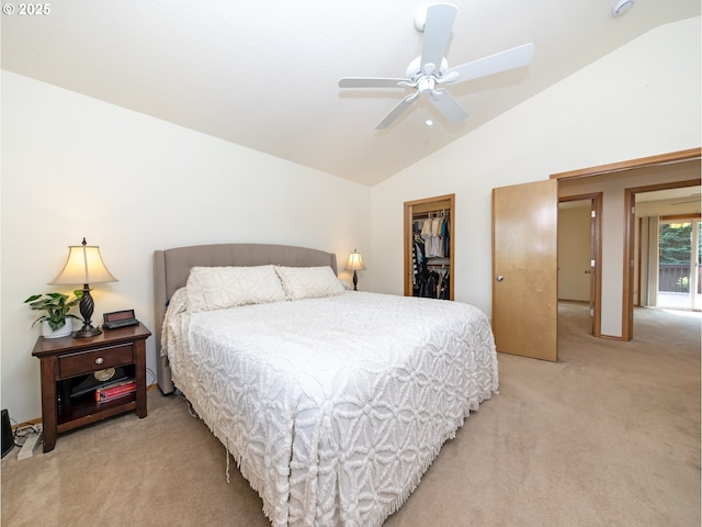 1007 4th Ave, Vernonia, OR 97064 - bedroom with light colored carpet, vaulted ceiling, a spacious closet, a closet, and ceiling fan