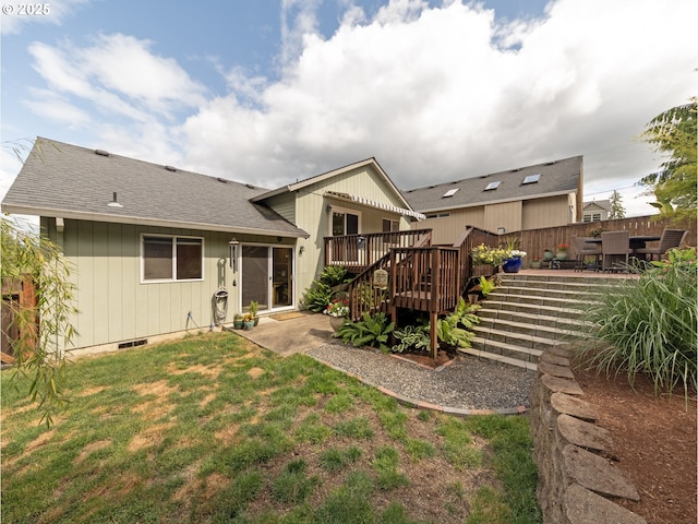 1007 4th Ave, Vernonia, OR 97064 - back of property with a deck, a shingled roof, crawl space, a yard, and a patio area