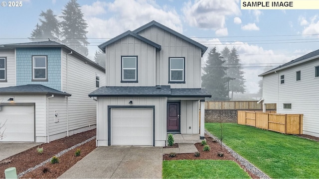 view of front facade with a garage, fence, concrete driveway, a front lawn, and board and batten siding