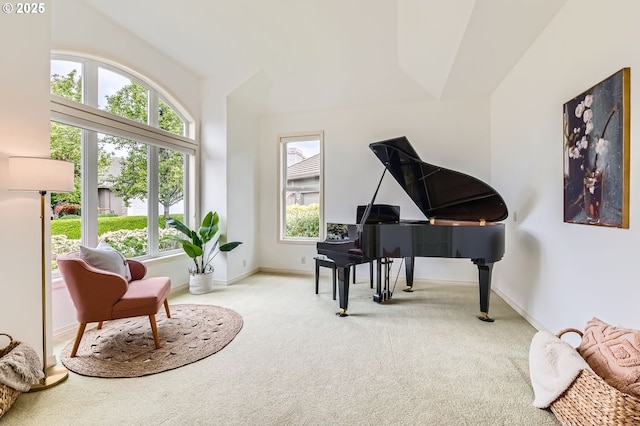 sitting room featuring a healthy amount of sunlight, baseboards, and carpet flooring