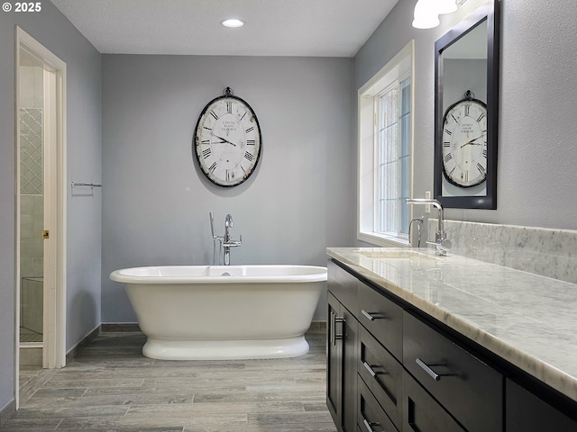 bathroom featuring a bathing tub, wood-type flooring, and vanity