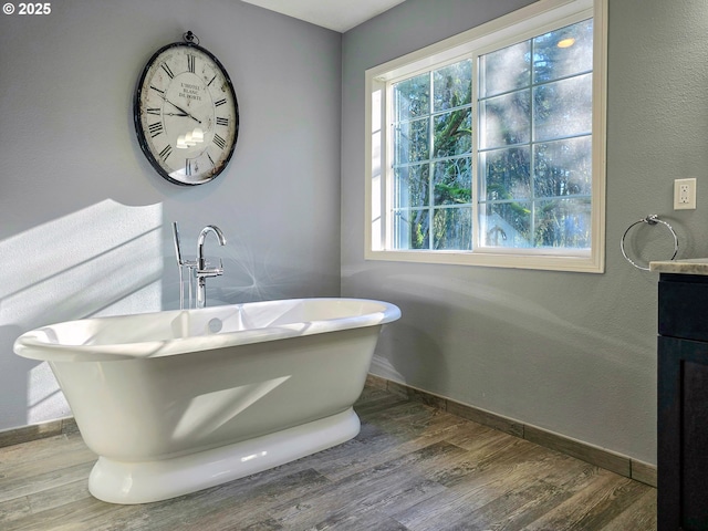 bathroom featuring wood-type flooring, a bathing tub, and vanity