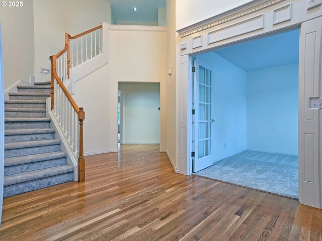 foyer with a towering ceiling and hardwood / wood-style floors