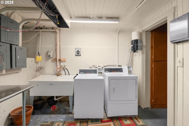646 SE 60th Ave, Portland, OR 97215 - clothes washing area with a sink, electric panel, and washing machine and dryer