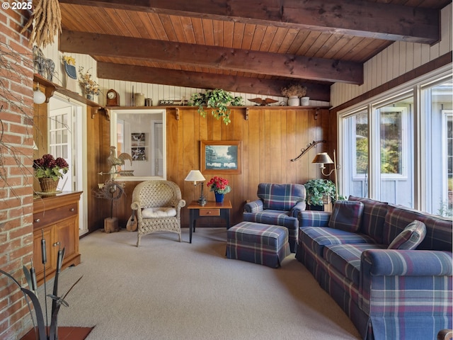 13513 SE 132nd Ave, Clackamas, OR 97015 - living area featuring carpet, wooden ceiling with exposed beams, and wooden walls