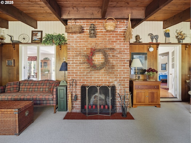 13513 SE 132nd Ave, Clackamas, OR 97015 - living room with wooden ceiling with exposed beams, carpet, wooden walls, and a brick fireplace