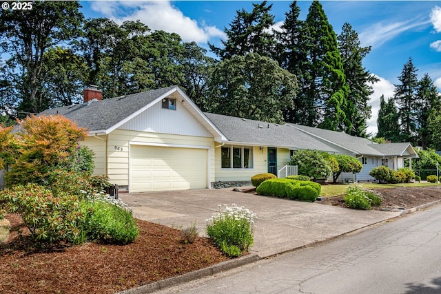 965 Robin Hood Ave, Eugene, OR 97401 - single story home with a garage, driveway, a shingled roof, and a chimney
