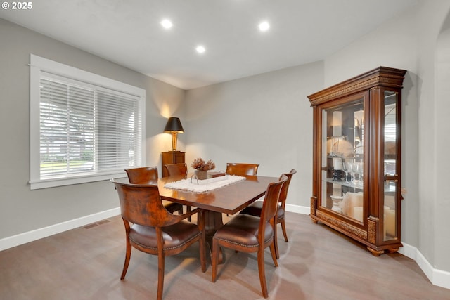 dining space with recessed lighting, baseboards, and visible vents