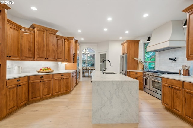 9423 NE 180th Way, Battle Ground, WA 98604 - kitchen with custom range hood, high end appliances, a sink, tasteful backsplash, and recessed lighting