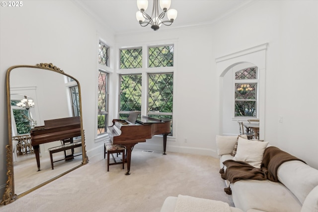 9423 NE 180th Way, Battle Ground, WA 98604 - sitting room featuring a chandelier, healthy amount of natural light, light carpet, crown molding, and a towering ceiling