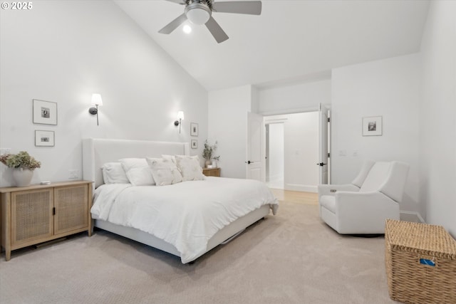 9423 NE 180th Way, Battle Ground, WA 98604 - bedroom featuring high vaulted ceiling, light colored carpet, and ceiling fan