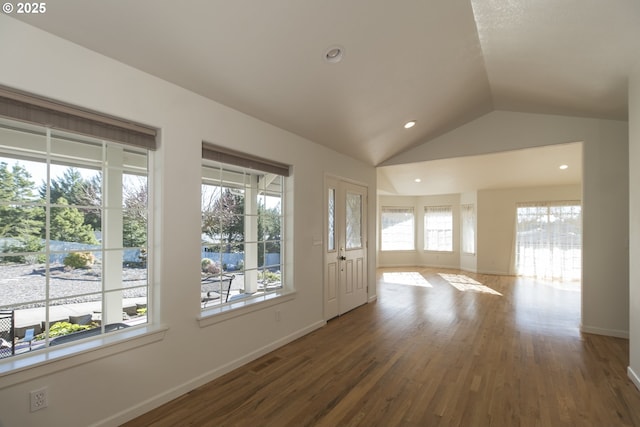 interior space with lofted ceiling and dark wood-type flooring