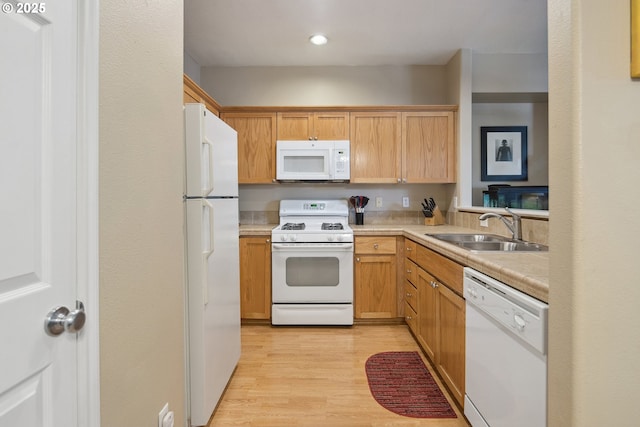 kitchen with sink, white appliances, and light hardwood / wood-style floors