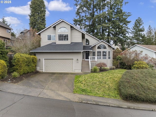 traditional-style house featuring concrete driveway, a front lawn, a garage, and a shingled roof