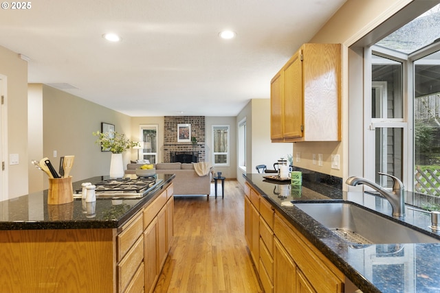 kitchen with a brick fireplace, a healthy amount of sunlight, light wood finished floors, and a sink